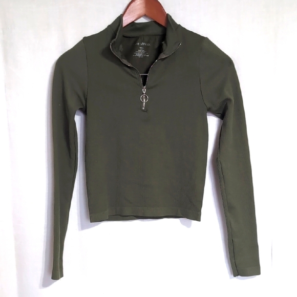 Love Streak Olive Green Ribbed Long Sleeve Quarter Zip Cropped Top Size Small - Picture 1 of 4